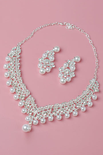 Perle Rhinestone anheng halskjede øredobber Tiara smykkesett